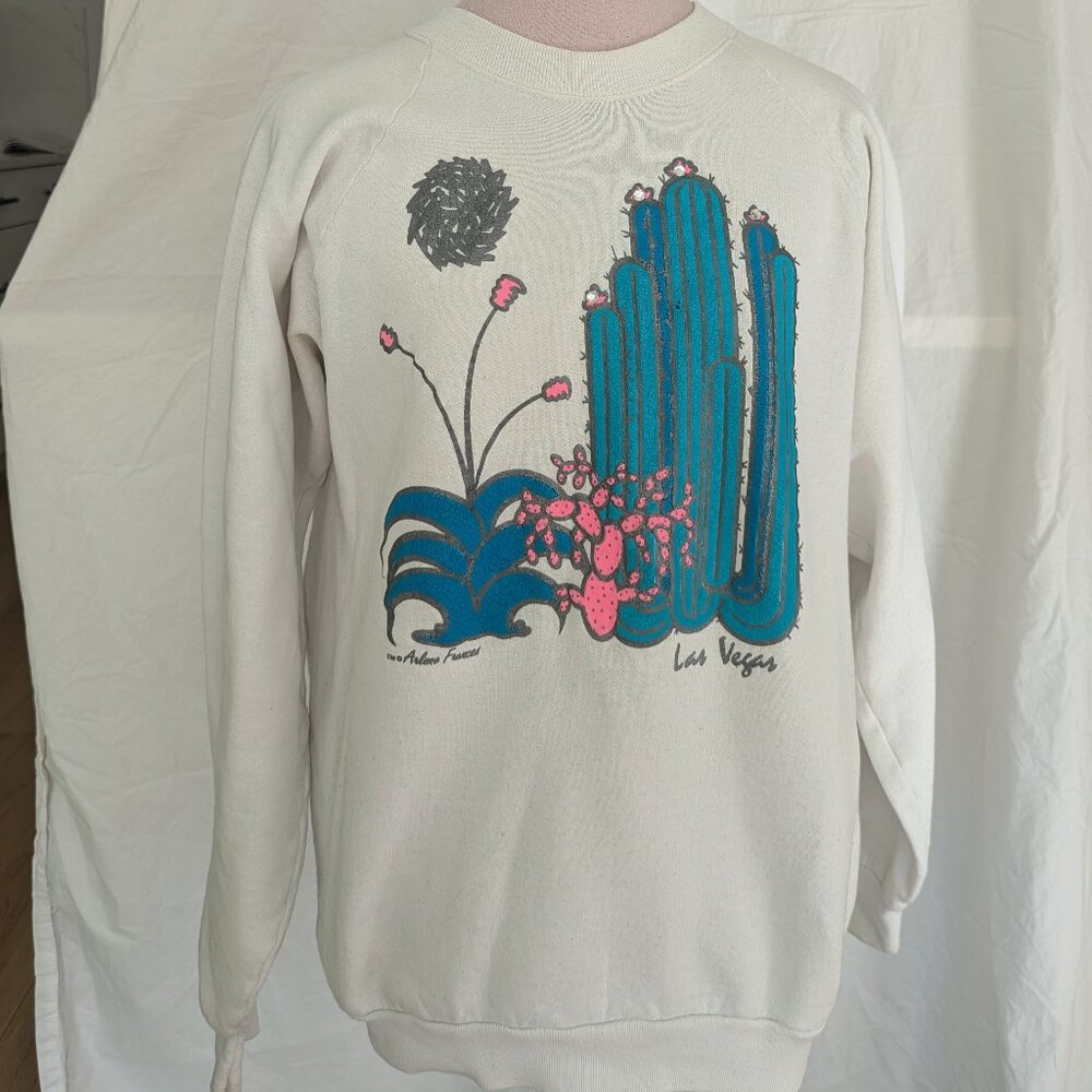 Fruit of the Loom Cream Sweatshirt with Teal & Pink Cactus Graphic
